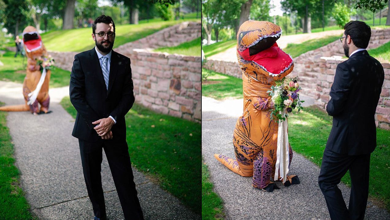 Невеста надела на свадьбу костюм тираннозавра вместо изысканного платья: забавные фото и видео