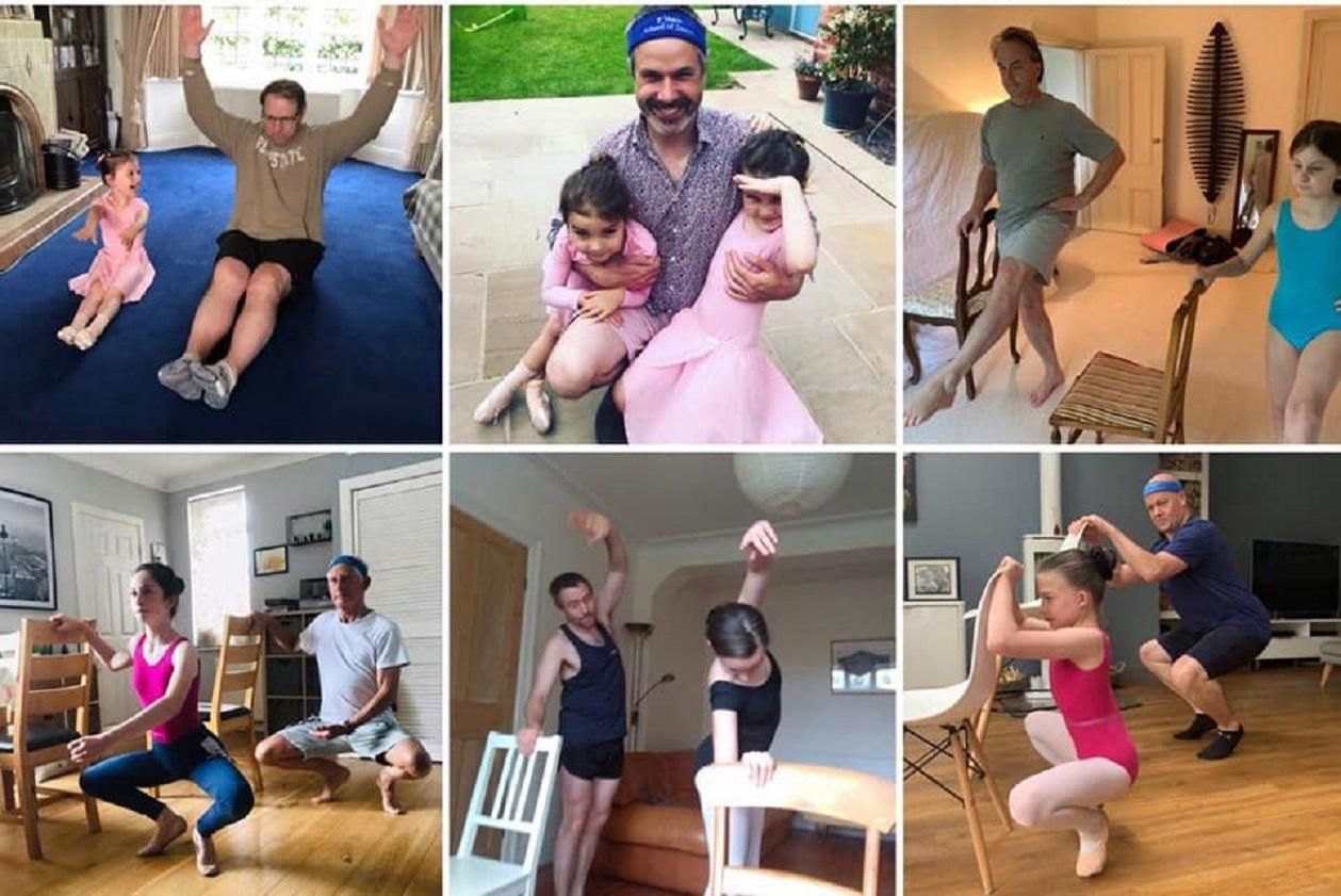 Отцы занимаются балетом со своими дочьками Отцы занимаются балетом со своими дочьками