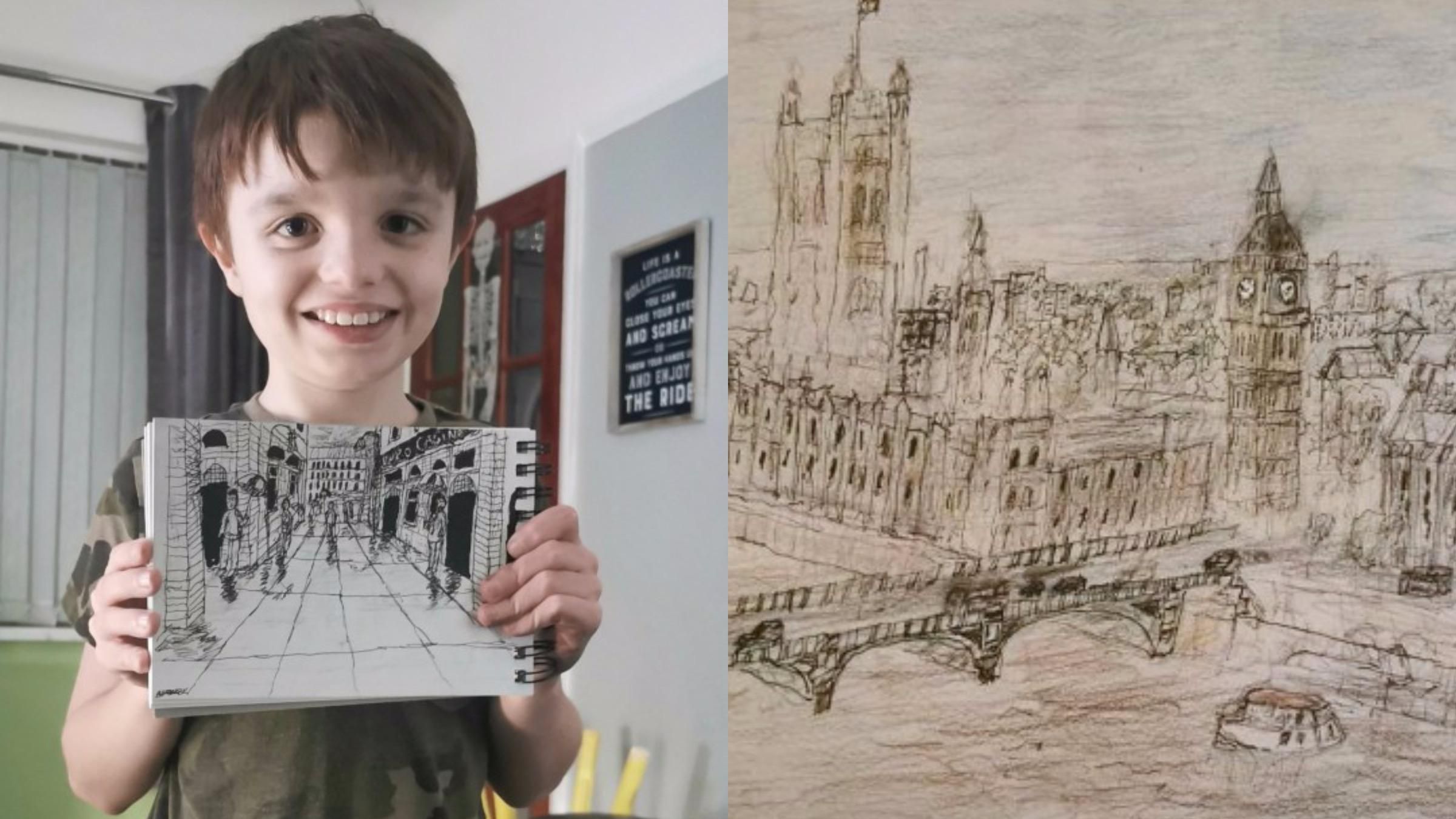 Хлопчик з аутизмом по пам'яті малює міські пейзажі: вражаючі роботи