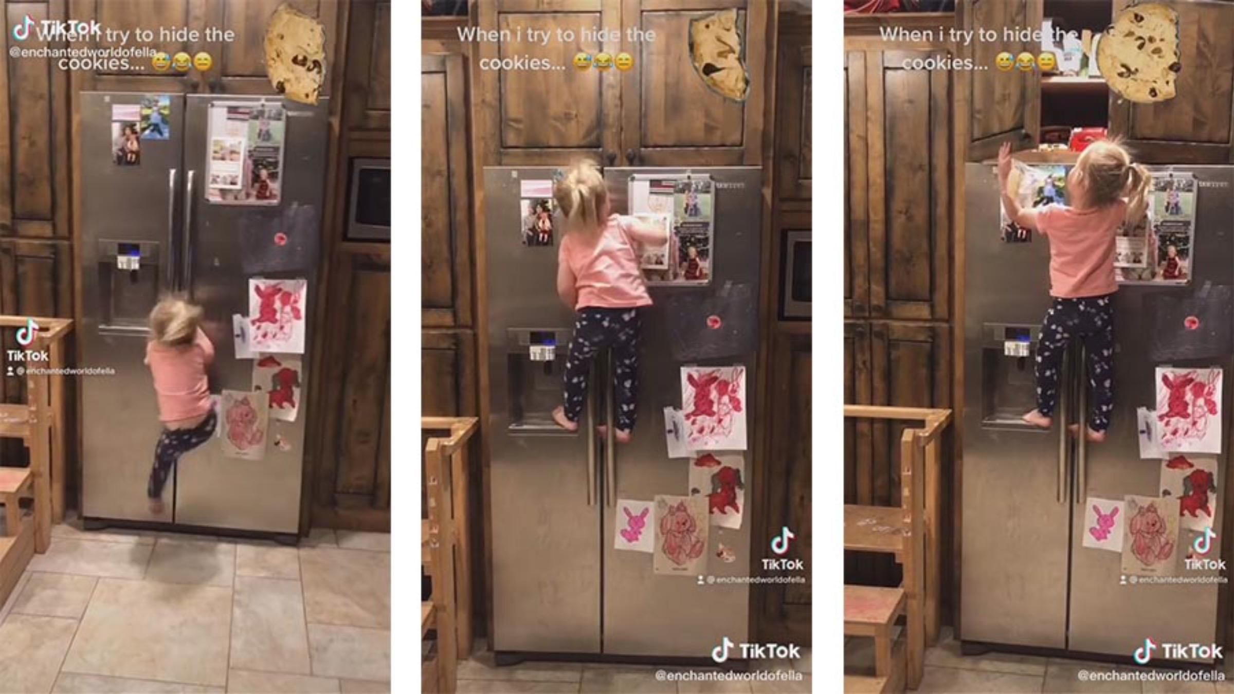Ребенок ловко залез на холодильник за спрятанными сладостями: видео
