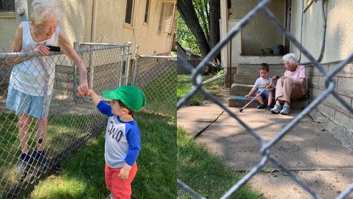 Придумали гру через паркан: відео щирої дружби 99-річної бабусі та 2-річного хлопчика